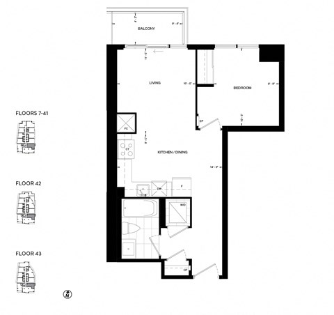 Floor plan for 1 bed, 1 bath, 540 sqft